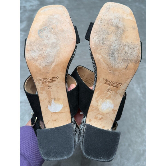 Avellini Black Suede Snake Print Block Heel Sandals Womens Size 7 Made In Italy - Picture 6 of 8